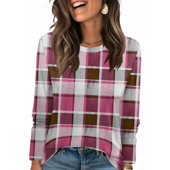 Nokdvo Sweatshirt Women Lightweight Plaid Crewneck Pullover Long Sleeve Casual Loose Fit Basic Tees,Hot Pink XL