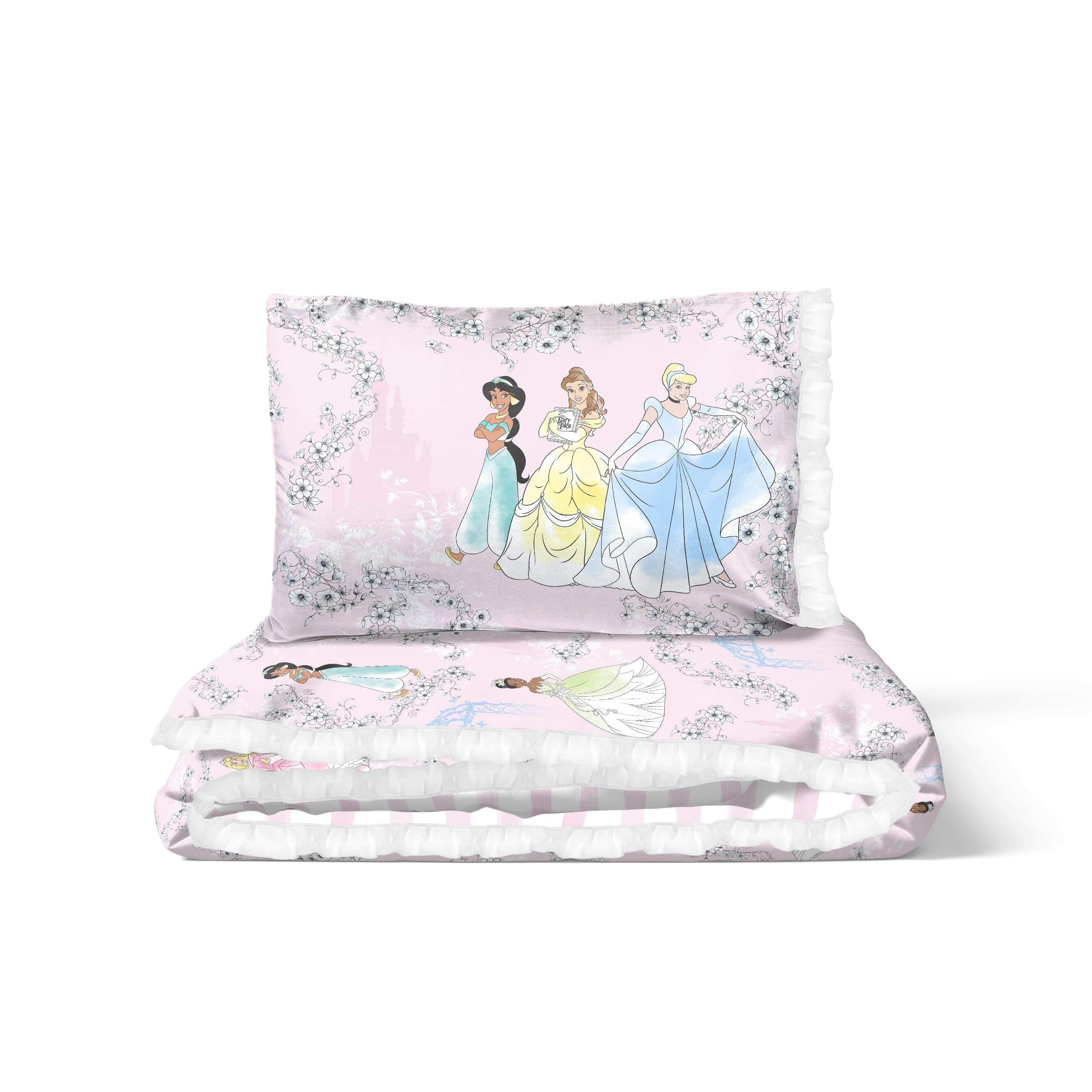 Princess Floral Gardens 2-Piece Twin/Full Reversible Comforter Set, Polyester Microfiber, Pink & White, Disney