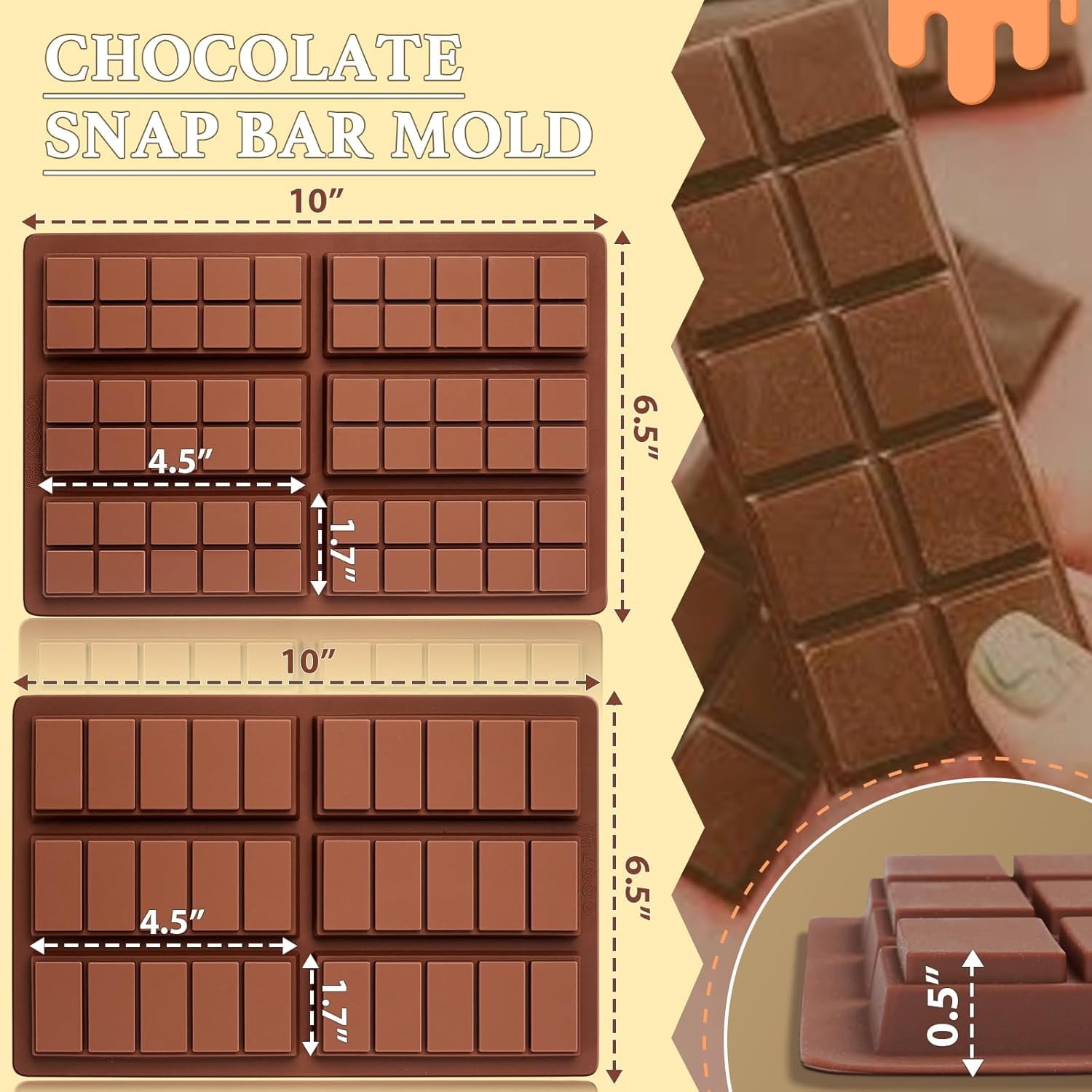 FRKSMD-Chocolate Bar Molds Silicone Snap Deep Moulds for Filling Dubai Wax Candy Energy Protein Bars, Food Grade Non stick Home DIY Handmade Gifts