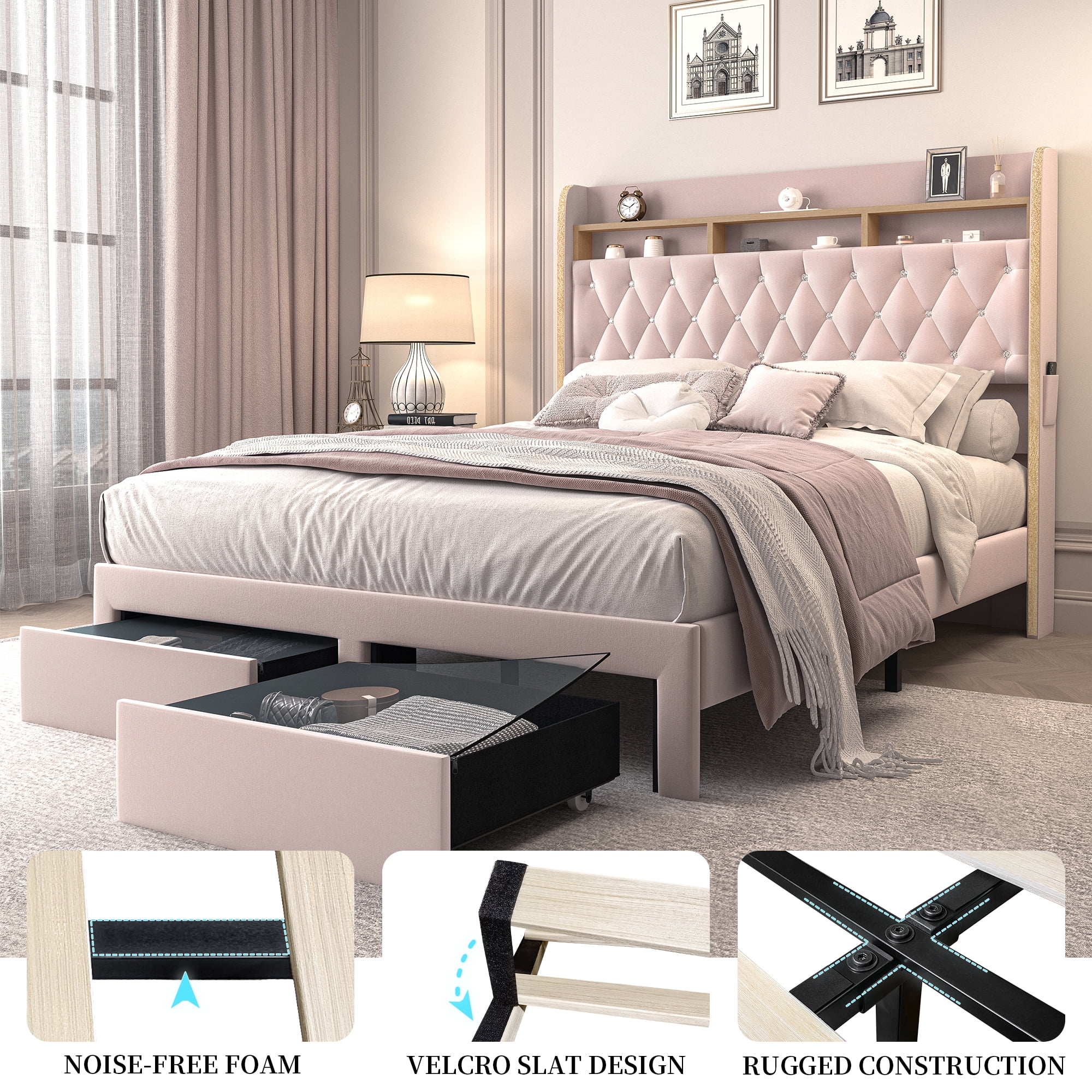 SIBEDS LED Bed Frame with 2 Storage Drawers and Galaxy Star Projector Velvet Upholstered Pink Tufted Wingback Headboard, Full