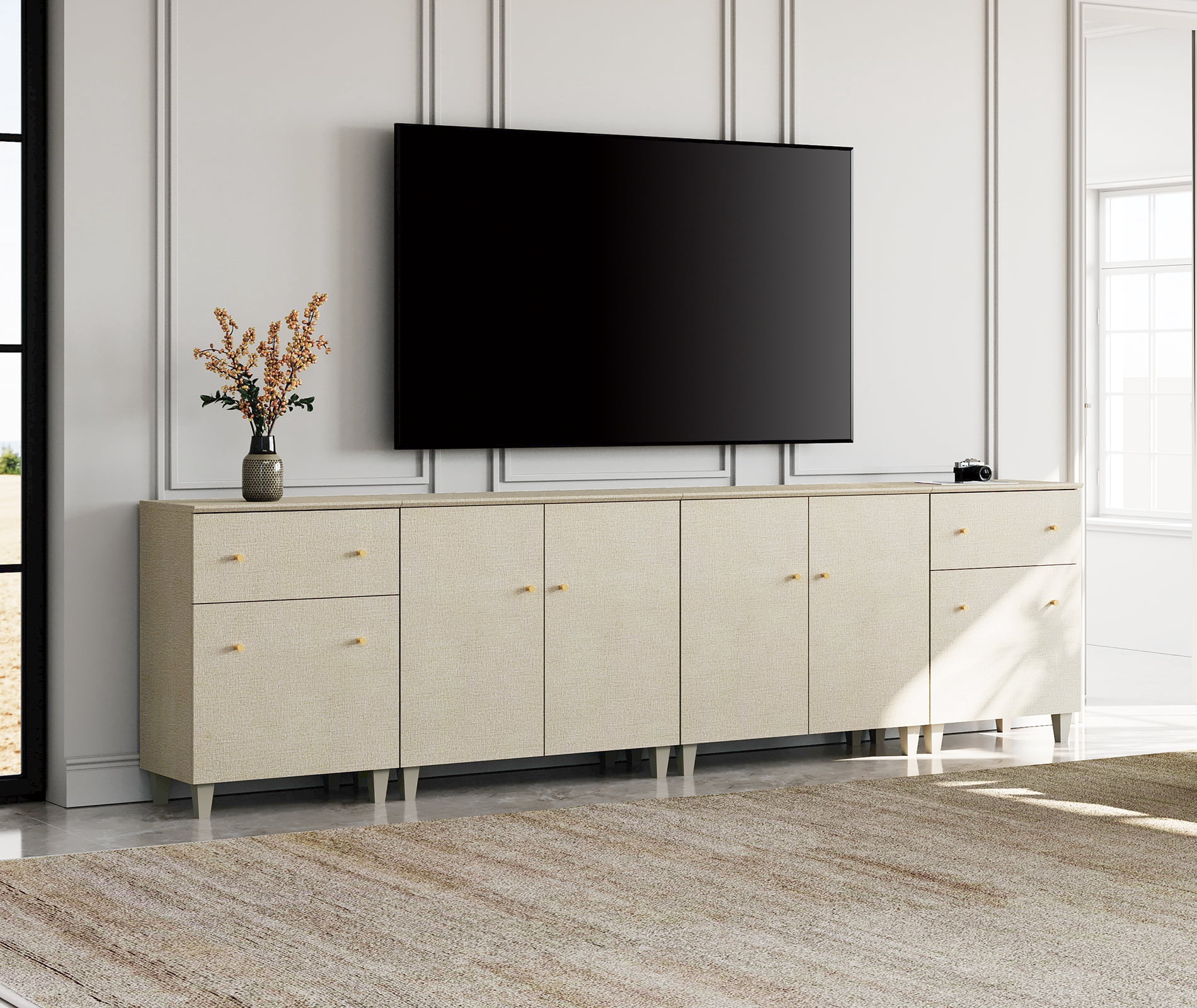 WAMPAT Wide TV Stand for 110+ Inches TVs, 4-in-1 Modern Wooden Media Console with 2 Spacious Drawers and 4 Storage Cabinets for Living Room, Beige