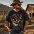 thumbnail image 2 of Ride It Like You Stole It Western Cowboy Graphic Washed T-Shirt, 100% Heavyweight Cotton, 180 GSM, Unisex Classic Fit, 2 of 7