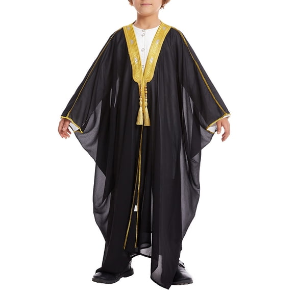 Coerni Boys Robe Isl𝐚mic Muslim Clothes K𝐢mono Loose Abaya Long Sleeve Embroidered Chiffon Kaftan Cardigan D𝐮bai Thobe