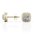thumbnail image 3 of JeenMata 4 Prong Setting - 2.2 Carat Cushion Cut Moissanite Halo Cluster Stud Earrings - 18K Yellow Gold Plating over Silver Plating over Silver, 3 of 5