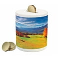 thumbnail image 1 of Autumn Piggy Bank, Alpine Mountains with Farmland Fall Season Forest European Landscape Illustration, Ceramic Coin Bank Money Box for Cash Saving, 3.6" X 3.2", Multicolor, by Ambesonne, 1 of 4