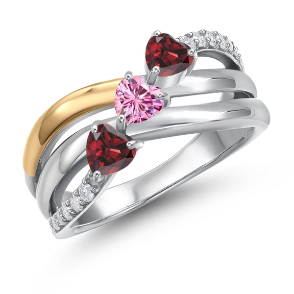 Gem Stone King 925 Silver and 10K Yellow Gold Red Garnet and Pink Moissanite and Lab Grown Diamond Engagement Ring for Women | 1.00 Cttw | Heart Shape Gemstone January Birthstone | Size 5