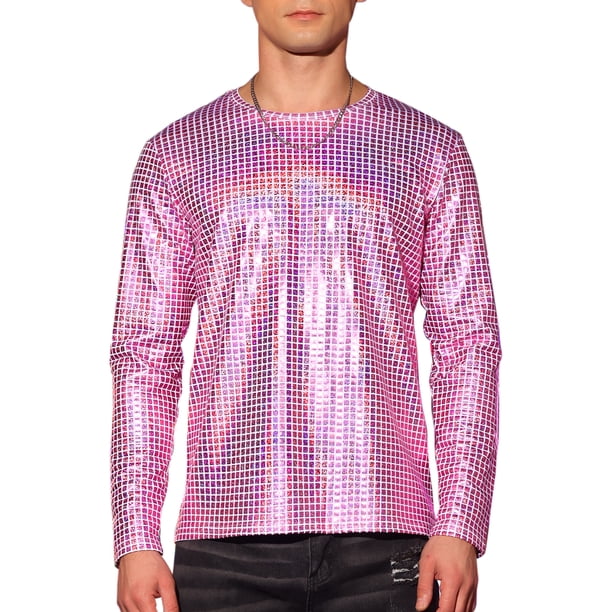 Camiseta metálica INSPIRE CHIC de cuello redondo para hombres, de manga larga, camisetas brillantes para fiestas y clubes, XL, rosa