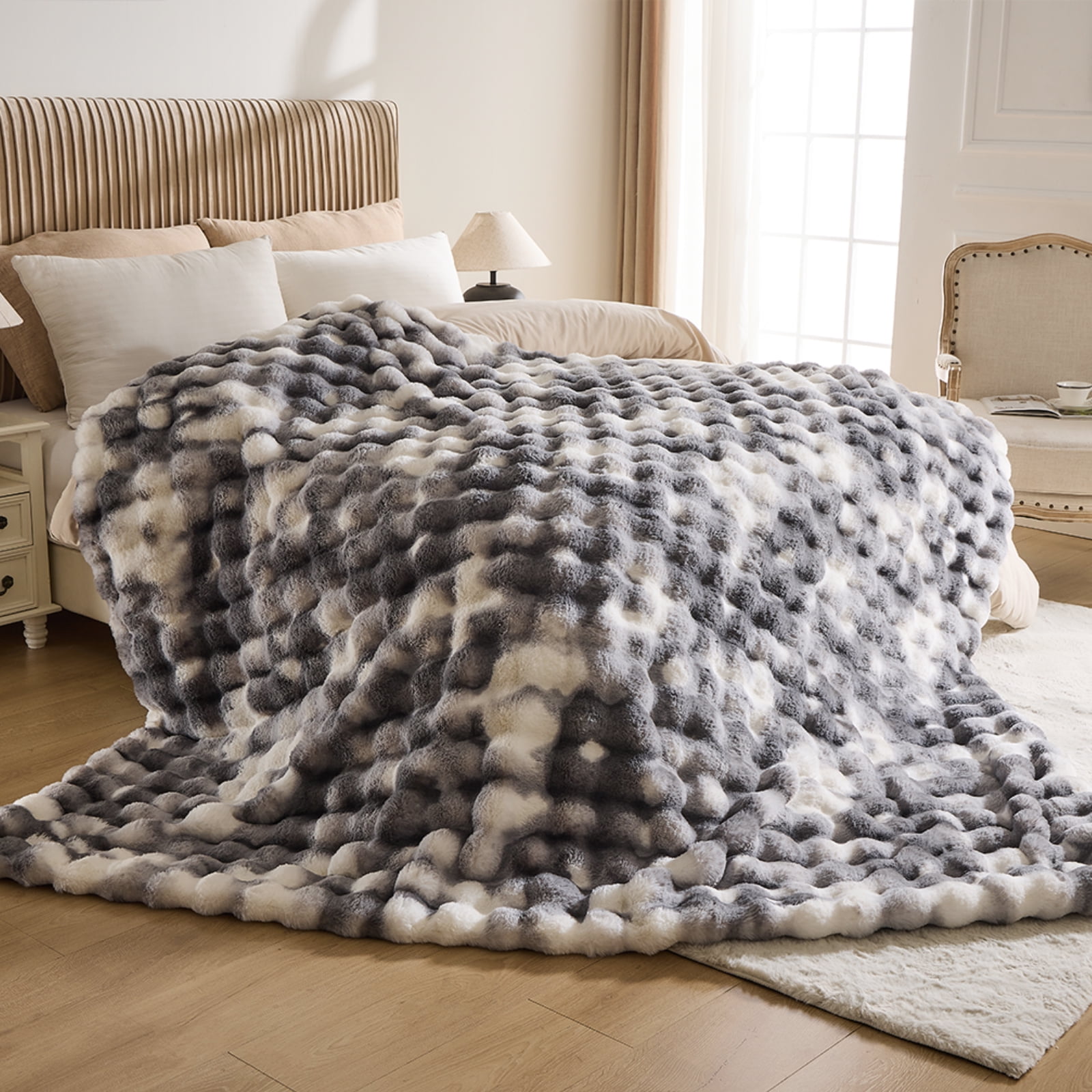 GEMBED Faux Fur Throw Blanket for Couch Fuzzy Soft Plush Thick Bubble Blanket for Living Room, 50x60 inches, Tie Dye Gray