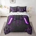 thumbnail image 3 of Feelyou Boys Games Console Bedding Comforter Set 7pcs, Mystic Purple Honeycomb King Bedding Sets, Cartoon Gamepad Theme Reversible Bed Sheets, Lightweight Room Decor, 3 of 9