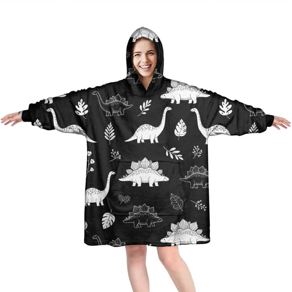 Wearable Oversized Blanket,Black White Dinosaur Skeletons Bold Wearable Blanket Hoodie for Adults,Cozy Hooded Blankets with Super Pockets,Super Warm Fuzzy Pullover for Women & Men