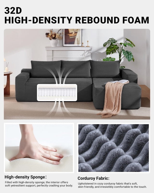 96.9'' Sectional Couches for Living Room, L Shaped Couch with Deep Seat & Throw Pillow, Comfy Corduroy Fabric Compressed Sofa, No Assembly Required