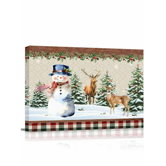 Christmas Cute Snowman Canvas Print Wall Art Framed Canvas Art Wall Decor Elk Snowflakes Winter Tree Plaid Pictures Painting Morden Artwork for Living Room Bedroom, Ready to Hang - 12"x16"