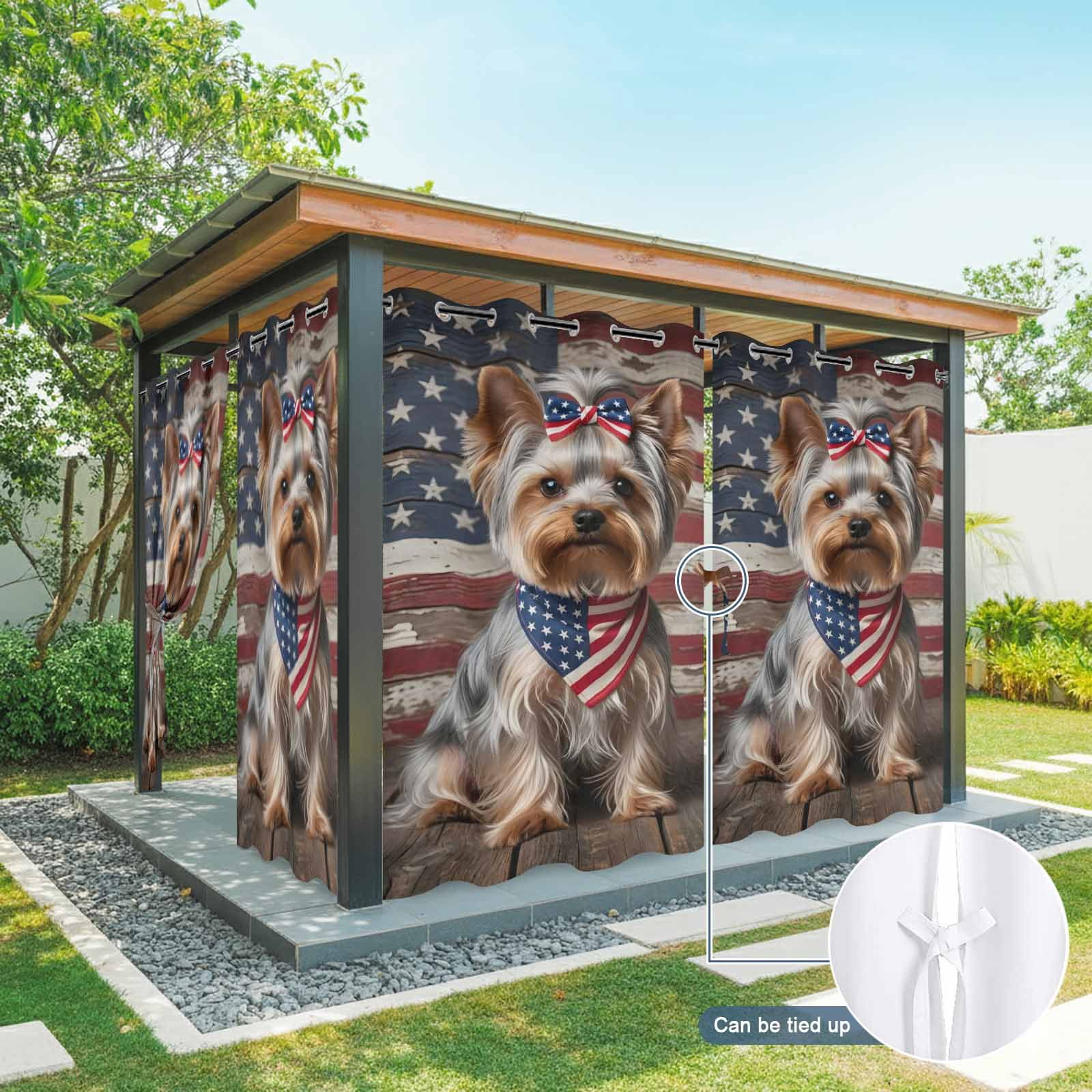 Patriotic Yorkshire Terrier Outdoor Curtains for Patio, Independence Day Retro American Flag Sunshade Privacy Drapes Grommet Waterproof Outside Curtains for Porch/Cabana/Balcony 54"x 108", 1 Panel