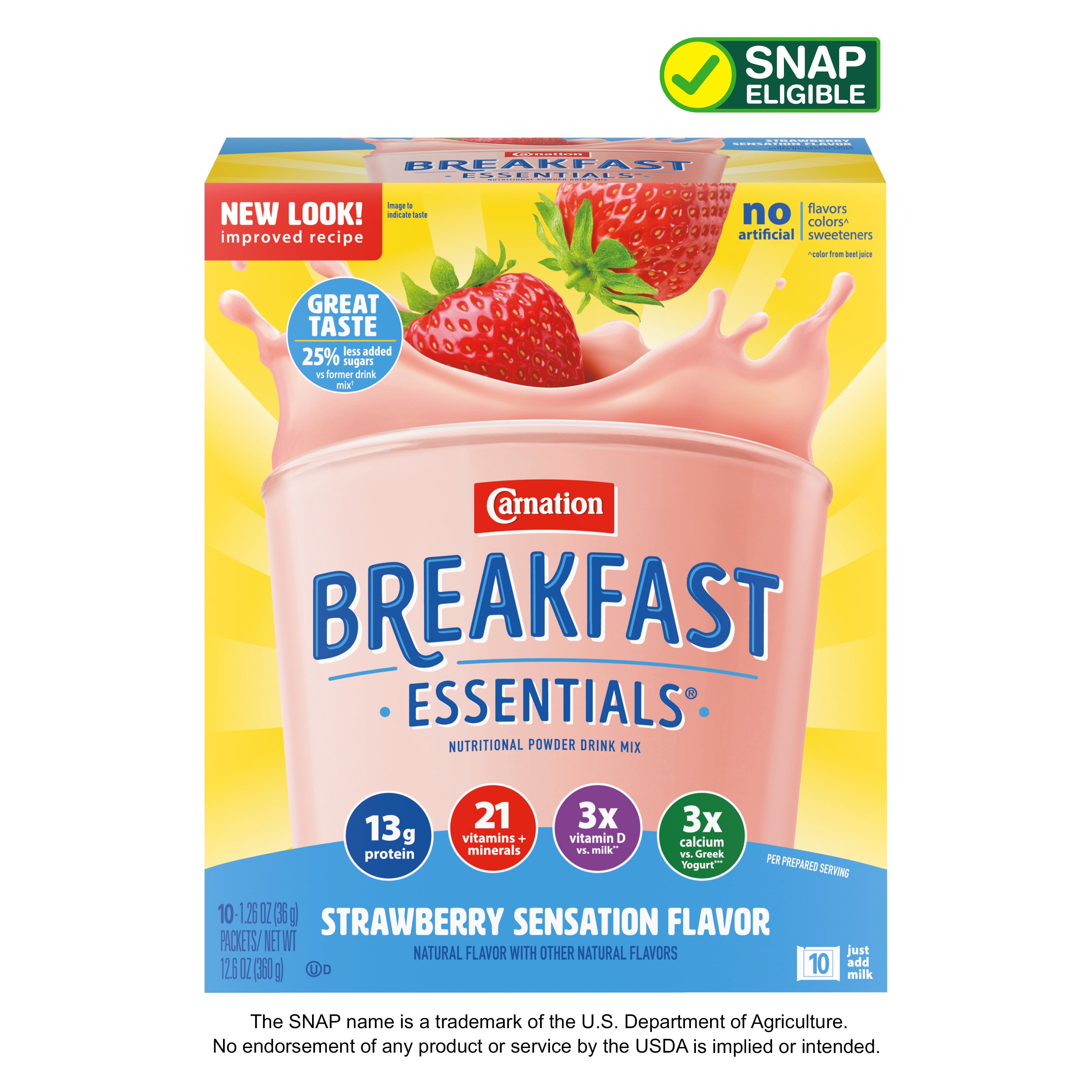 Carnation Breakfast Essentials Nutritional Powder Drink Mix, Strawberry Sensation, 13 g Protein, 10 - 36 g Packets