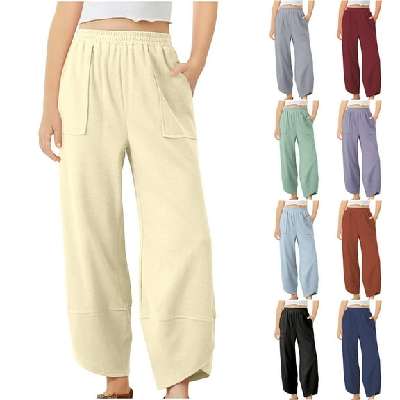 MKOSPLRT Linen Wide Leg Pants for Girl Elastic Waist Baggy Harem Pants Solid Color Lounge Copped Pants Lightweight Vacation Pants with Pocket