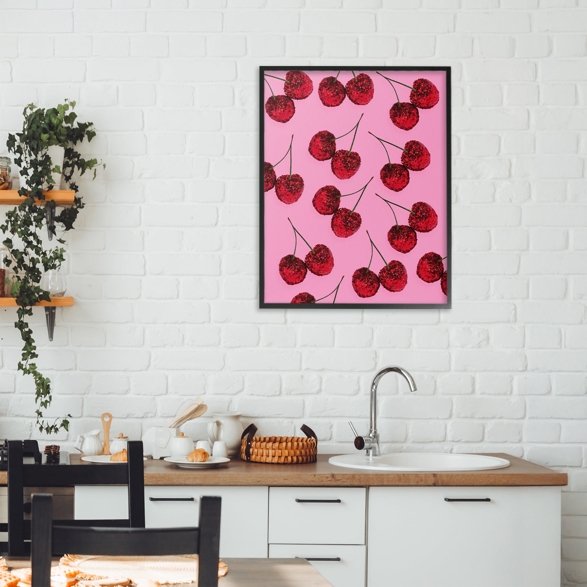 Stupell Industries Glitter Glam Cherries Pattern Black Framed Giclee Art, design by LISH Creative