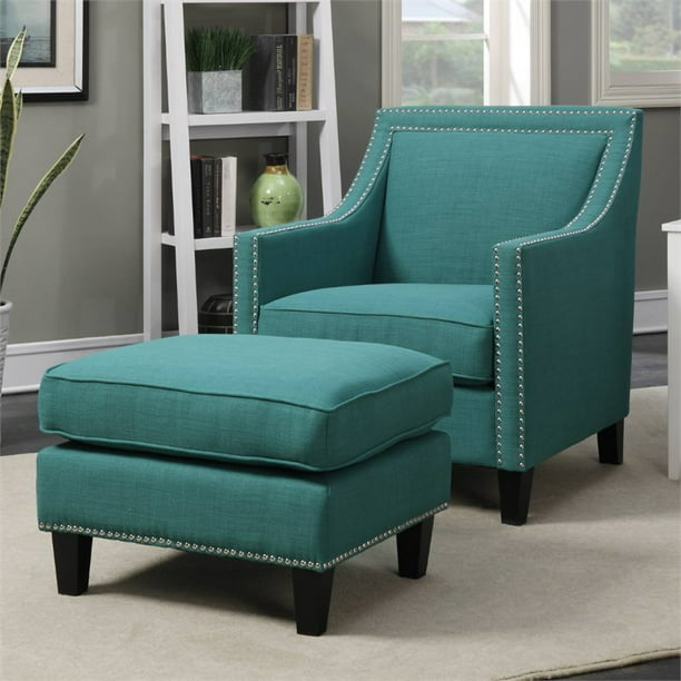 Bowery Hill Fabric Upholstered Accent Chair with Ottoman in Teal