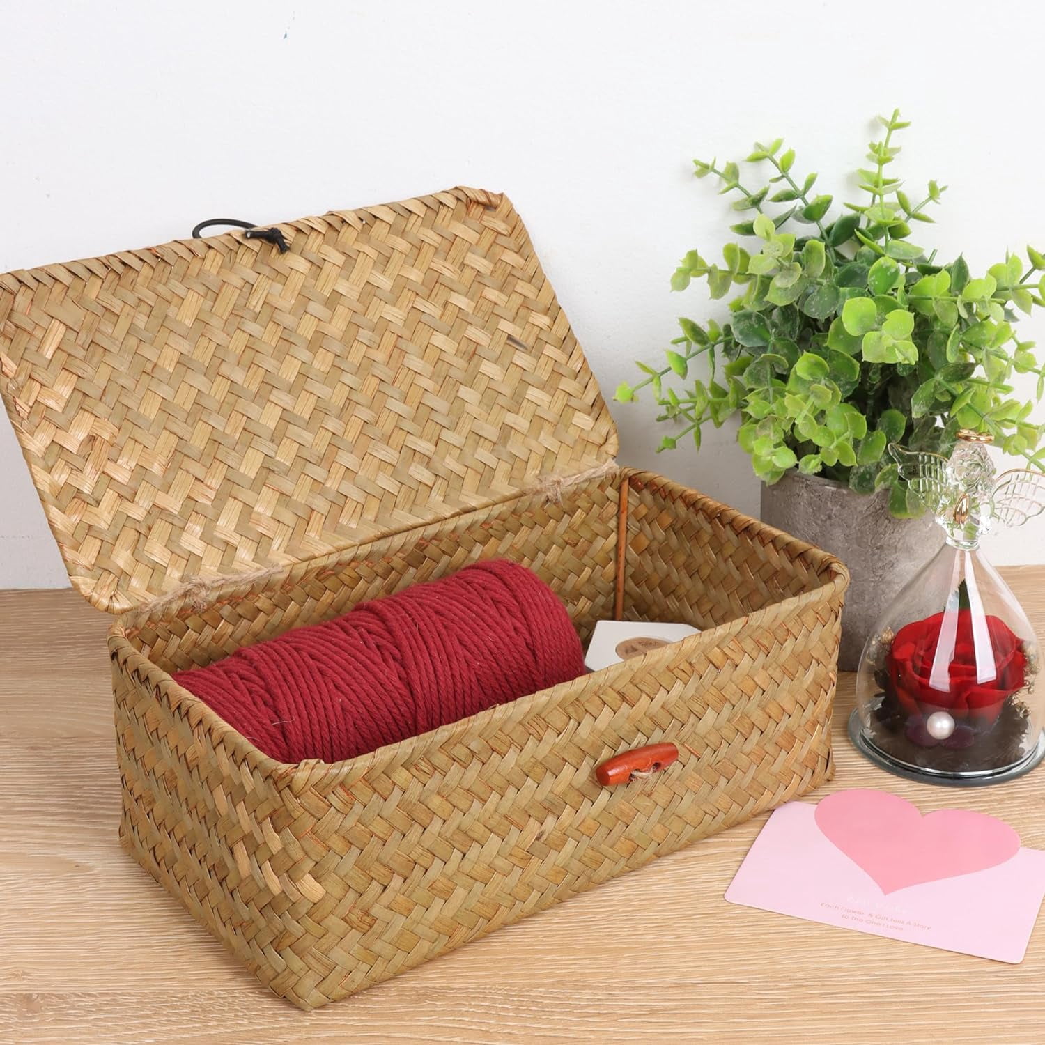 Wicker Storage Basket Natural Rattan Storage Box With Lids Hand Woven Wicker Shelf Baskets Makeup Organizer For Bathroom, Living Room, Kitchen,Small