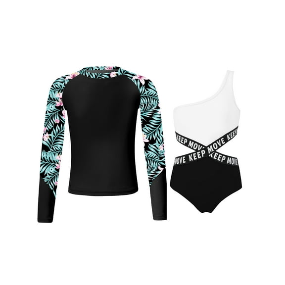 TiaoBug Kids Girls Print Swimsuit Rash Guard Set Long Sleeve Tops with One Shoulder Bodysuit Swimwear Surfing Bathing Suit Beachwear Black 14