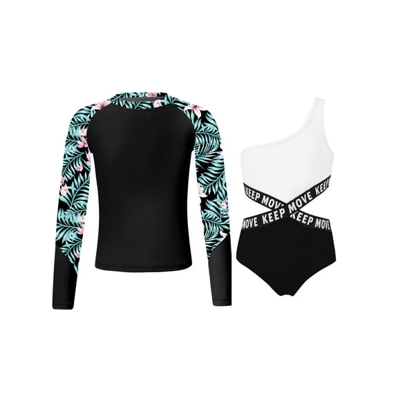 TiaoBug Kids Girls Print Swimsuit Rash Guard Set Long Sleeve Tops with One Shoulder Bodysuit Swimwear Surfing Bathing Suit Beachwear Black 14