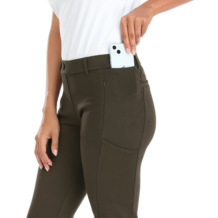 HDE Yoga Dress Pants for Women Straight Leg Pull On Pants with 8 Pockets  Brown - L Long