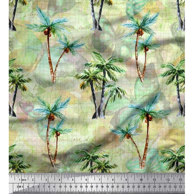 Soimoi Polyester Crepe Fabric Check,Text & Coconut Tree Printed Fabric 1 Yard 52 Inch Wide