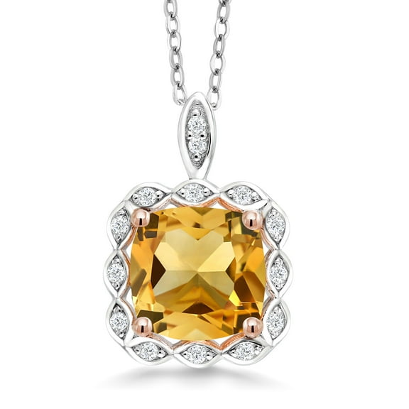 Gem Stone King 925 Sterling Silver Yellow Citrine Pendant Necklace for Women (3.17 Cttw, Cushion Cut 8MM, Gemstone Birthstone, with 18 inch Silver Chain)