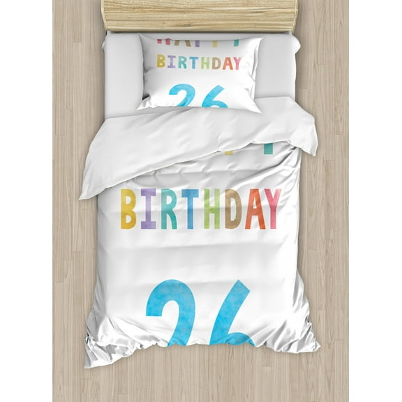 26th Birthday Duvet Cover Set Twin Size, Soft Pastel Toned Colorful Typography Design Celebration Event Sign Pattern, Decorative 2 Piece Bedding Set with 1 Pillow Sham, Multicolor, by Ambesonne