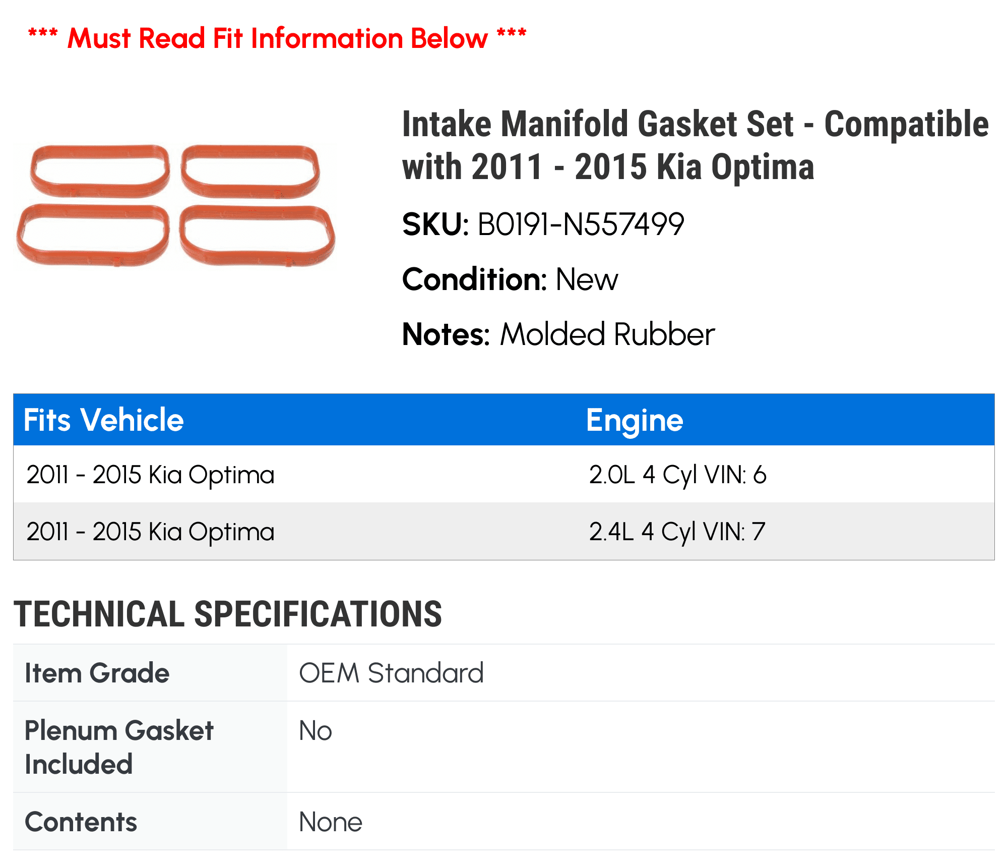 Intake Manifold Gasket Set - Compatible with 2011 - 2015 Kia Optima 2012 2013 2014