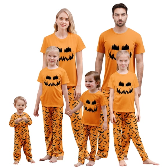 Onlypjs Halloween Family Matching Pajamas Set Pumpkin Print Sleepwear Orange Short Sleeve Top and Allover Pumpkin Pants Holiday Loungewear Outfit