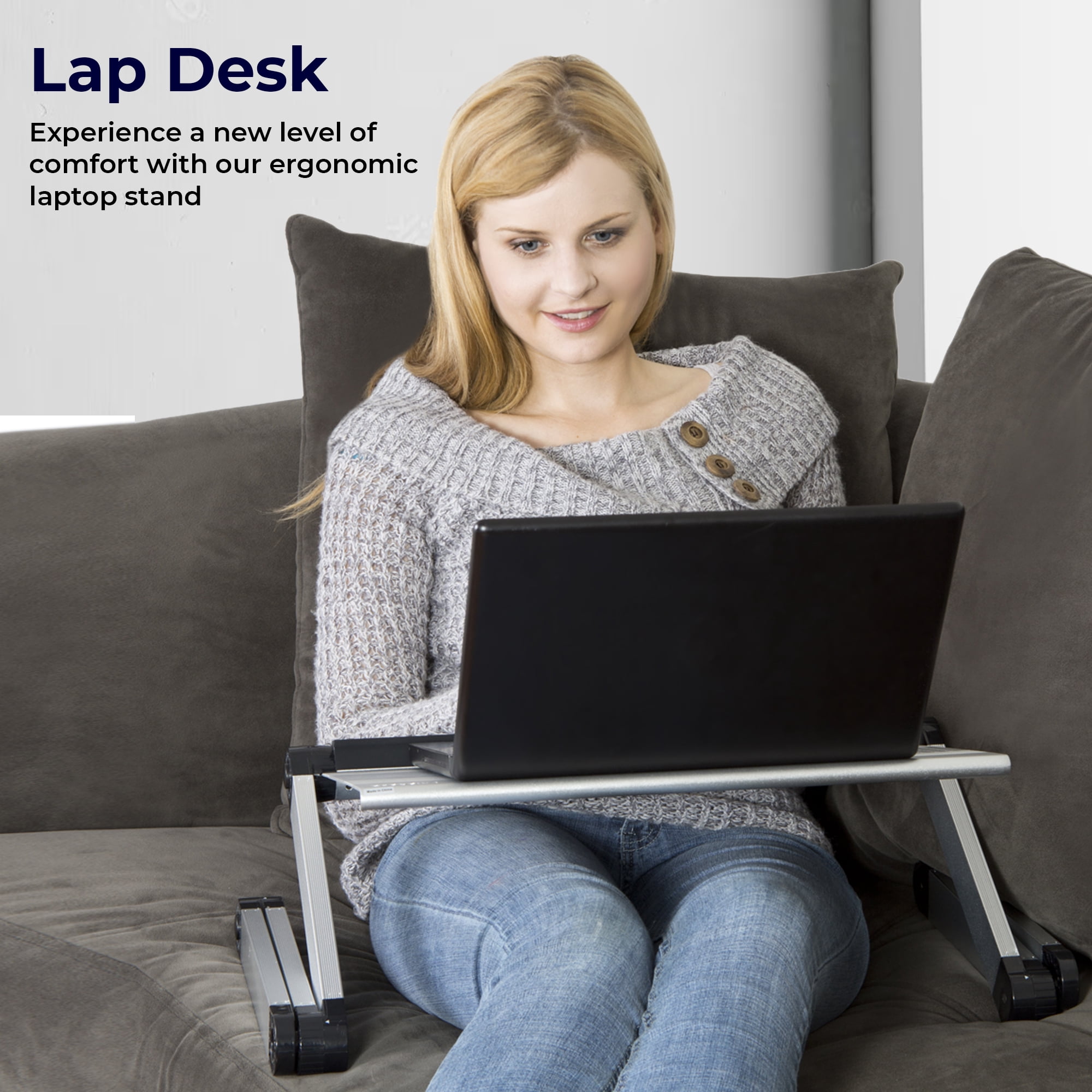 WorkEZ Cool Adjustable Laptop Cooling Stand with Dual Fans, 3 USB Ports & Mouse Pad – Portable Aluminum Laptop Desk for Bed, Couch, or Standing Workstation (Silver)