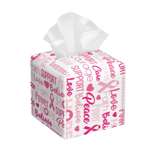 Fotbe Breast Cancer Ribbons Awareness Porta Pañuelos Decorativo de Cuero, Caja Cuadrada Moderna para Pañuelos Faciales, Organizador y Dispensador 5x5x5''
