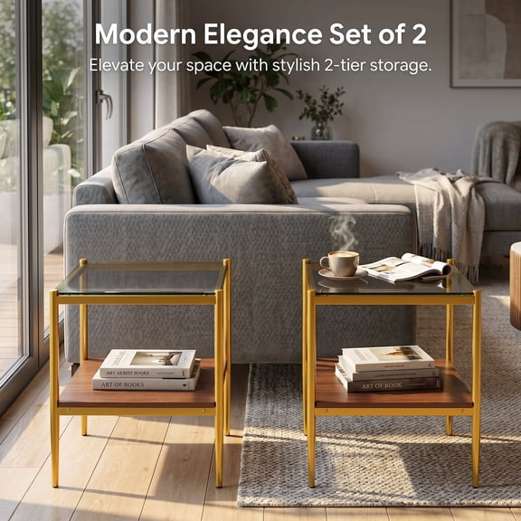 Set of 2 Modern Rectangle End Tables, Gray Tempered Glass Top Side Tables with Gold Metal Frame and MDF Storage Shelf for Living Room, Bedroom, Small Spaces