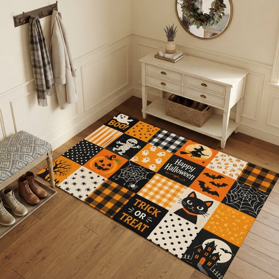 Area Rugs 3'x5', Checkered Halloween Carpet Runner Indoor Outdoor Rugs Home Decor Aesthetic, Pumpkins Cat Plaid Vintage Art Non Slip Mats Washable Accent Rug for Living Room Bedroom