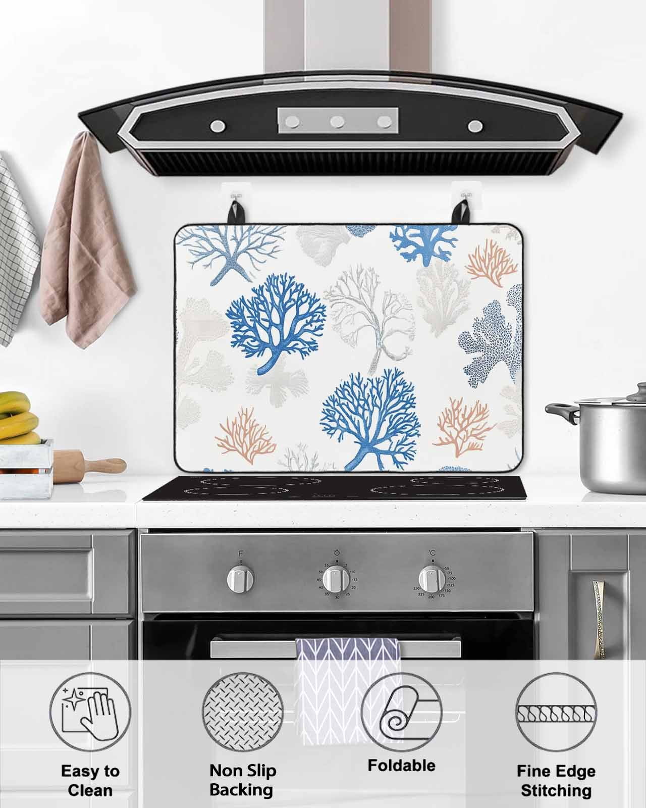 nqOlkjepod Large Induction Cooktop Protector Mat 36"x21", Coastal Blue Coral Stove Top Covers for Electric Stove, Summer Watercolor Ocean Sea Stove Burner Cover Mats, Glass Top Stove Cover