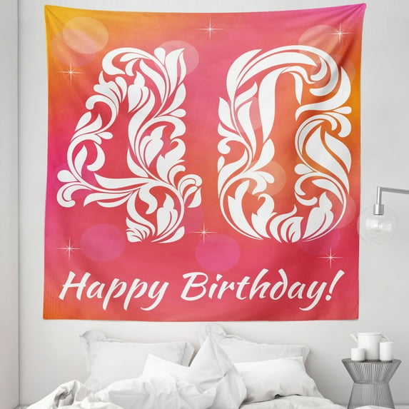 40th Birthday Tapestry, Happy Greeting Theme Celebration Number 40 and Starry, Fabric Wall Hanging Decor for Bedroom Living Room Dorm, 5 Sizes, Pink Orange White, by Ambesonne