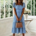 thumbnail image 5 of Ovbmpzd Flowy Sundresses Womens&nbsp;Dresses&nbsp;Summer Boho Puff Sleeve Blue Long Square Neckline Smocked A-Line Women'S Dresses,L, 5 of 5