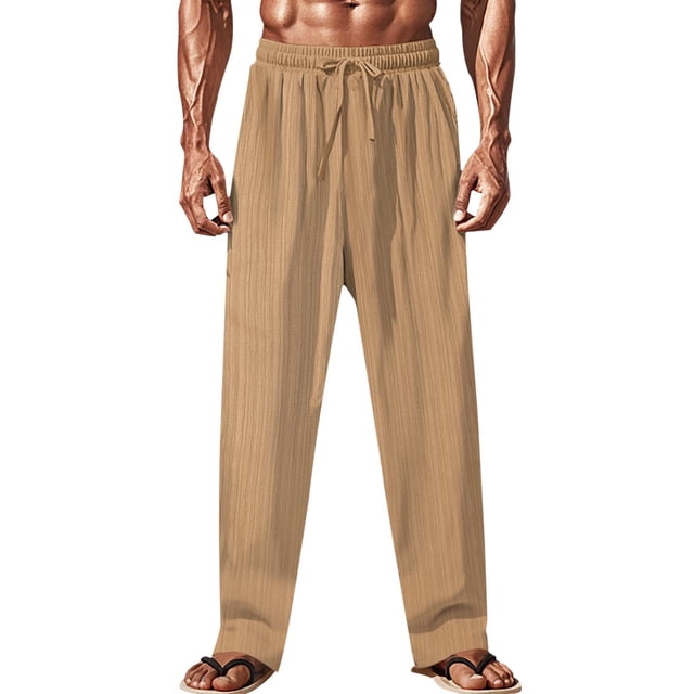Pantalones largos de verano para hombre, casuales, de moda, de color sólido, con cordón y cintura elástica.
