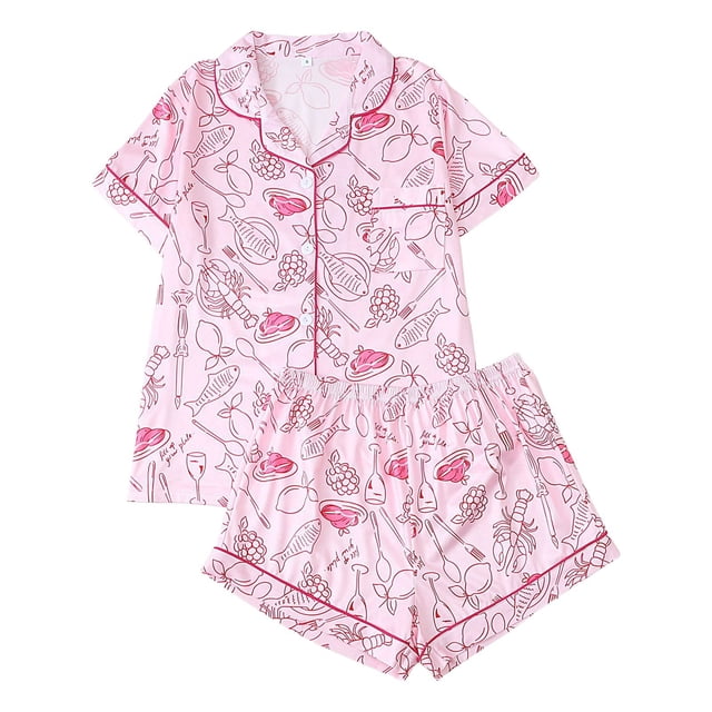 Ensemble de Pyjama Décontracté à Manches Courtes pour Femmes avec Boutons Imprimés et Shorts Tenue de Nuit Confortable avec Poches
