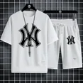 thumbnail image 4 of Conjunto de ropa deportiva de gimnasio para hombre, tejido de punto, secado rápido, camiseta y pantalones cortos casuales de alta calidad, dos piezas falsas de moda de verano, conjunto de 2 piezas, 20, 4 of 5