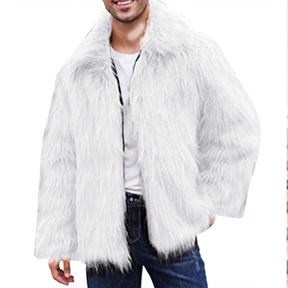 HOOMEUMY Mens Faux Fur Jacket Classic Solid Coat Turndown Collar Jacket Loose Fit Design Casual Workout Long Sleeve Clothes Fashion 2025 Trendy White M