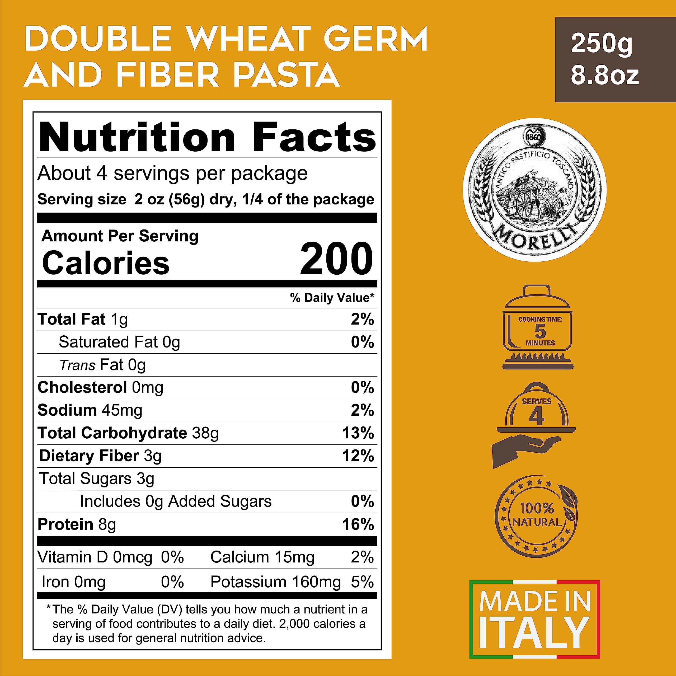 Morelli Mafalda Pasta, High Fiber Mafaldine Pasta, Imported from Italy (Ricciolina, Reginette with Bran and Double Wheat Germ) - 8.8 oz / 250 g (Pack of 4)