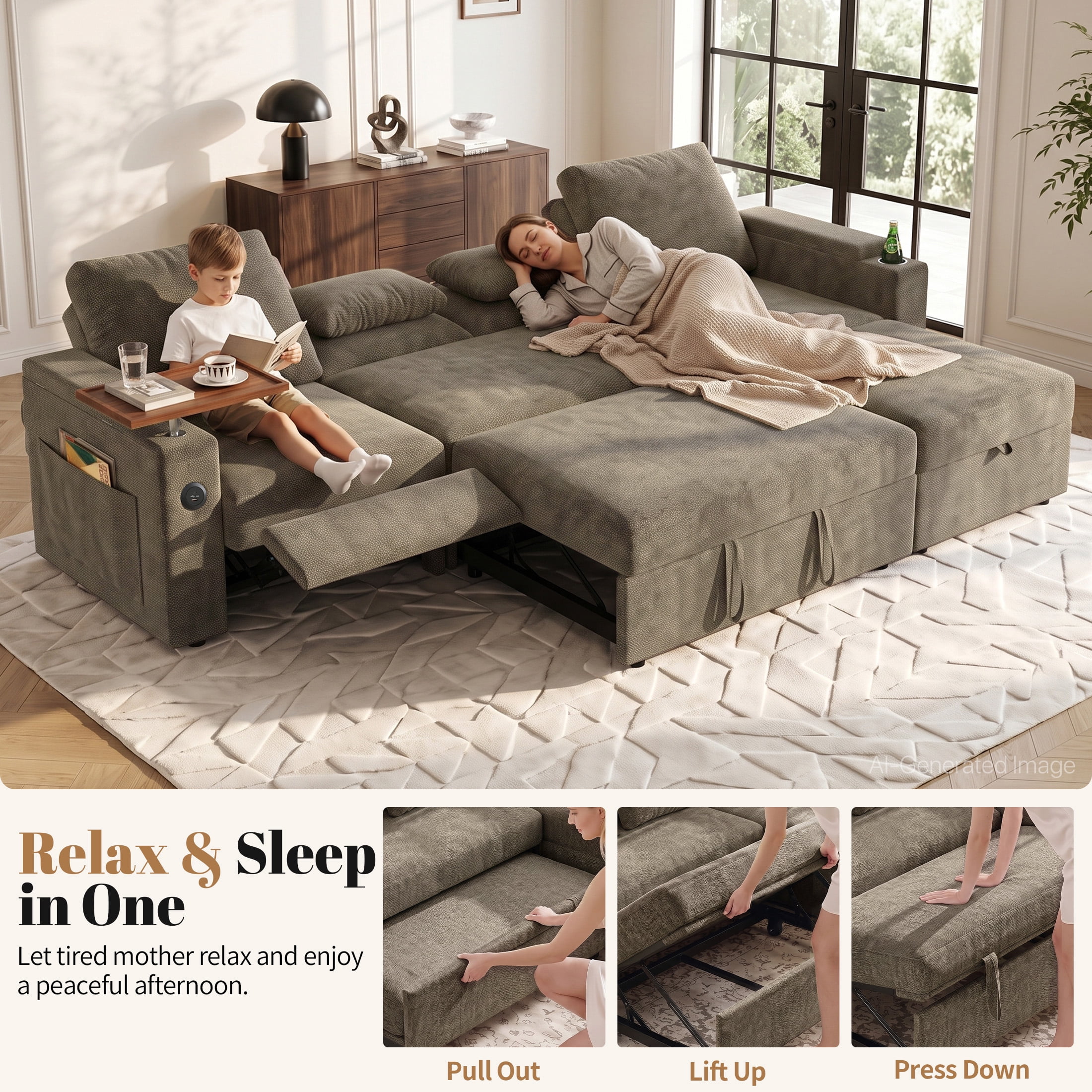 Aenkyo 108" L-Shaped Sectional Sleeper Sofa with Pull Out Bed, Recliner and Storage Chaise, Khaki