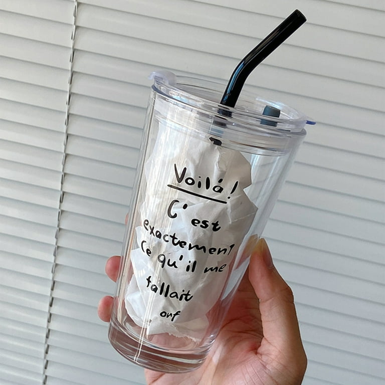 Glass Straw Cup Water Cup Glass Water Cup Accompanying Cup Korean Style Ins  Printed Letter Glass Straw Cup Large Capacity Milk Cup Breakfast Cup