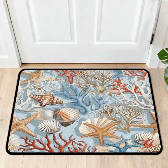 CURLYOOT Coastal Starfish Coral Indoor Doormat, Non-Slip Absorbent Door Mat 24" x 16", Entrance Floor Mat Washable Entry Doormats for Entryway Front Back Door