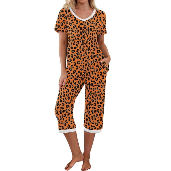 MGDXOX Women's Fashion Leopard Print Pajamas Set Soft Loose Short Sleeve Loungewear Sleepwear and Capri Pants with Pockets Yellow M