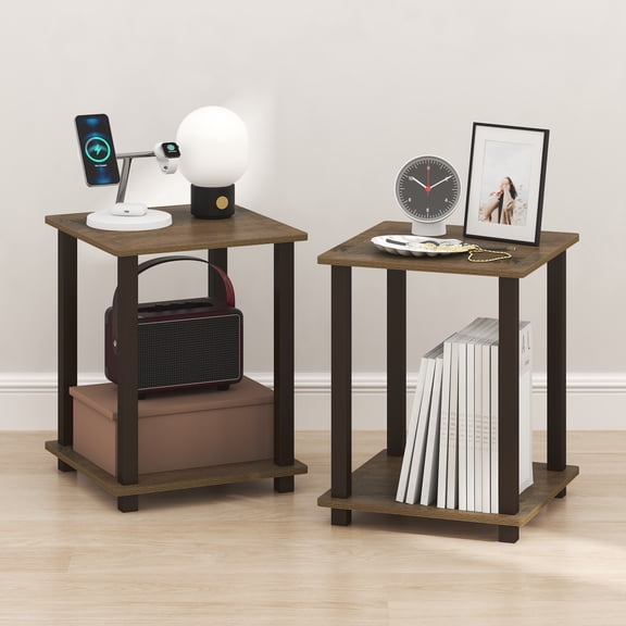 Furinno SIMPLISTIC Set of 2. 2-Tier Nightstand. Bedside Table. Walnut