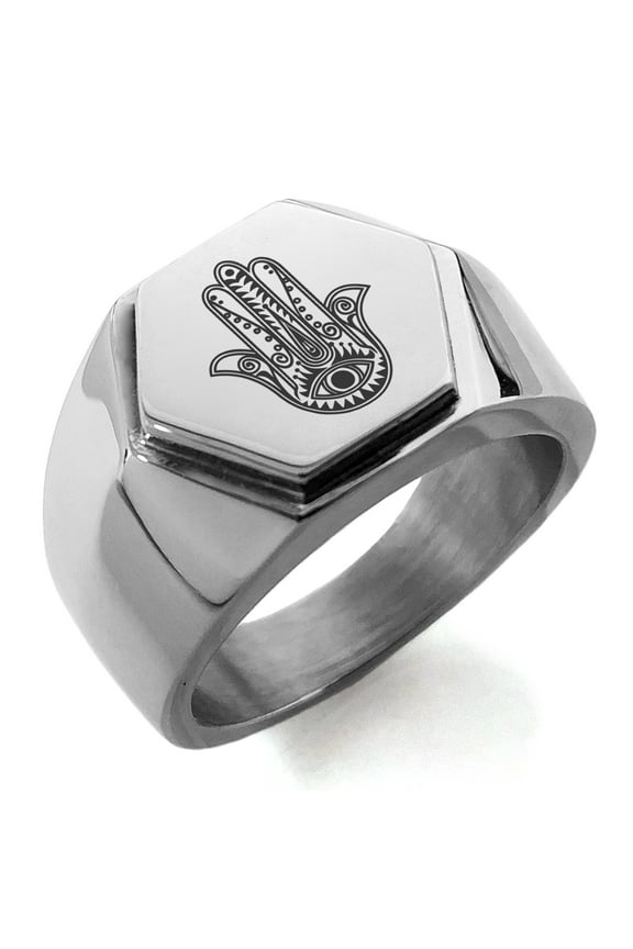 Stainless Steel Evil Eye Hamsa Hand of Fatima Engraved Hexagon Crest Flat Top Biker Style Polished Ring