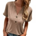 thumbnail image 2 of Xmarks Women's Summer Button Short Sleeve T-Shirt Summer V-Neck Solid Color Casual top Khaki S, 2 of 5