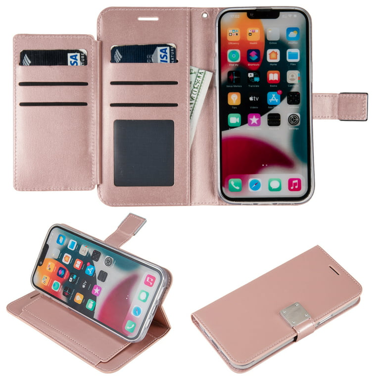 Xpm Case for Apple iPhone 14 Plus (6.7") Leather Case with 6 Credit Card, Cash Slots and Lanyard Dual Flip Pouch Pocket Stand Cover for iPhone 14 Plus - Rose Gold -